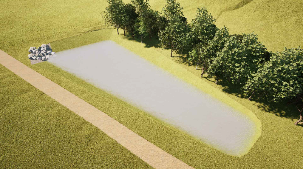 Vue aérienne 3D bassin de rétention — EXTEVO